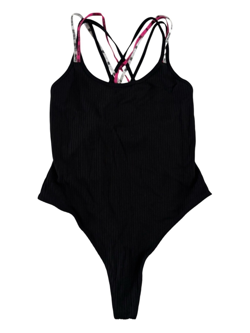 Victoria Sport Black Ribbed Strappy Back Bodysuit L Logo Straps Crossback Thong
